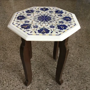 12" White Marble Tabletop – Handcrafted Macrana Inlay with Lapis Lazuli - Picture 1 of 4