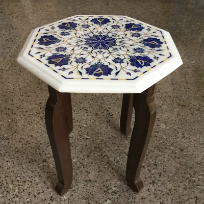 12" White Marble Tabletop – Handcrafted Macrana Inlay with Lapis Lazuli - Image 1 of 4