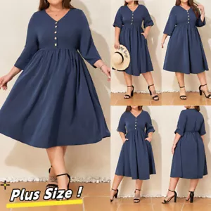 Plus Size 18-28 Womens V Neck Midi Dress Ladies Pockets Loose Ruffle Swing Dress - Picture 1 of 12