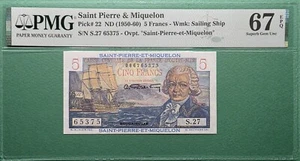 1950-60 SAINT PIERRE & MIQUELON 5 FRANCS P# 22 PMG 67 EPQ SUPERB GEM UNC - Picture 1 of 2