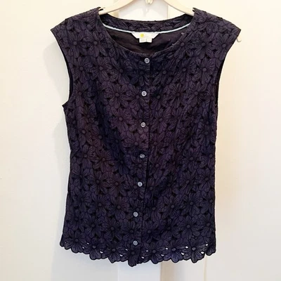 Top Boden Claudette Bordado Sin Mangas Talla 6 Floral Encaje Azul Marino Algodón Foto 1 de 4