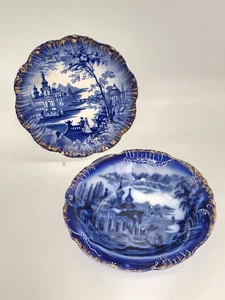 Antiguo cuenco y plato azul flujo vintage con decoración elevada y dorado - Imagen 1 de 10