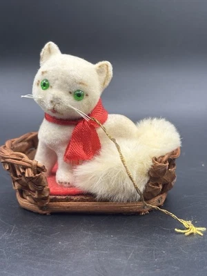 Vintage Kunstlerschutz White Flocked Cat In Basket Ornament  - Image 1 of 4