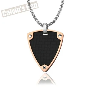 Rose Gold Tone Stainless Steel Carbon Fiber Inlay Small Shield Pendant Necklace - Picture 1 of 8
