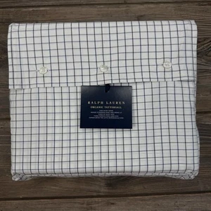 Ralph Lauren Organic Tattersal King Duvet Cover Check 400 TC White Navy NEW - Picture 1 of 8