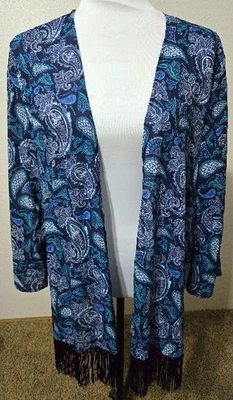 2X Faded Glory womens top kimono cardigan blue paisley fringed hippie boho - Image 1 of 3
