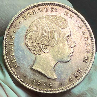 🇵🇹 Portugal  King Pedro V  200 Reis  “Young Head”  1855  Choice Toned UNC  - Image 1 of 4