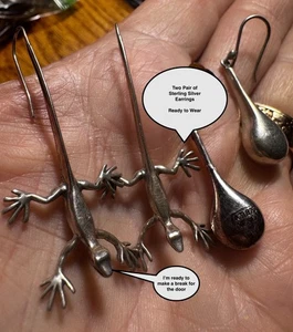 DRS Signed Sterling Silver Gecko Lizard & ATI Mexico Teardrop Earrings SS-953 - Picture 1 of 13