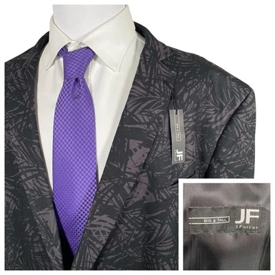 J Ferrar Linen Cotton Sport Coat Men 58S Black Palm Print 2 Button Summer Jacket - Image 1 of 4