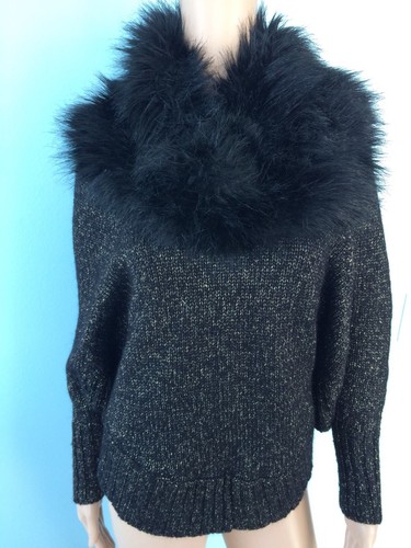 Michael Kors Poncho Maglione Nero Oro XS Maglia Ecopelliccia Rimovibile Collo Cappuccio