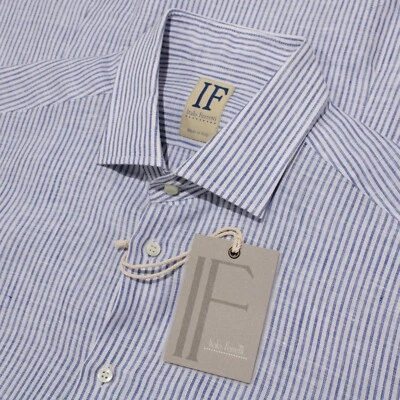 IF Italo Ferretti NWT Dress Shirt Size 16.5 42 US In Blue Striped 100% Linen - Image 1 of 4