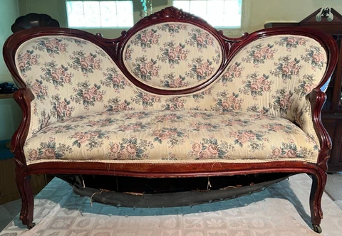 Antique Victorian Carved Wood Medallion Off White Settee Loveseat Cover