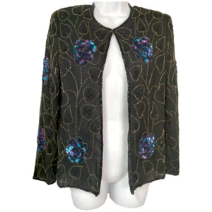 Vintage JMC Womens Silk Beaded Sheer Jacket Open Wear Long Sleeve Black Size M - Picture 1 of 11