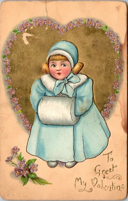 Tarjeta postal vintage de San Valentín Tuck's niña con manguito delicados hoyuelos serie Foto 1 de 3