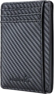 Minimalist Slim Wallet Card Holder RFID Block Front Pocket Black Genuine Leather - Picture 1 of 10