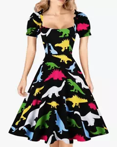 NEW Dinosaur Puff Sleeve 1950s Square Neck Pockets Dress XL 12/14 - Picture 1 of 9