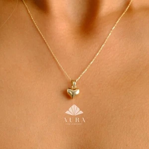 14K Gold Puffed Heart Necklace, 3D Heart Pendant, Gold Love Choker, Mini Heart - Picture 1 of 13