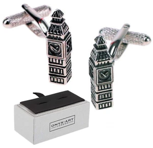 London Big Ben Cufflinks Mens Silver 3D Tower Westminster Onyx-Art CK767  - Picture 1 of 4
