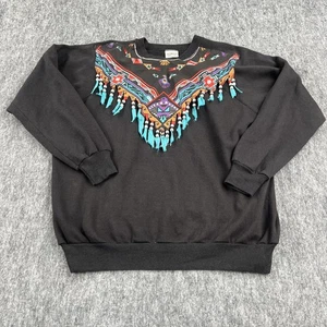 Vintage Southwestern Sweatshirt Womens XL Black Beaded Fringe Aztec Graphic 90s - Picture 1 of 14
