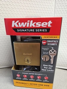 Kwikset Downtown Square Deadbolt Lock Satin Brass SmartKey 92580-033 Single Cyl - Picture 1 of 2