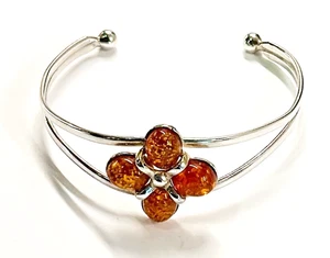 925 Solid Sterling Silver Cognac Baltic Amber Flower Designer Bangle 7 in 15 g - Picture 1 of 4