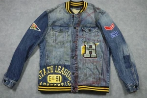 Chaqueta de mezclilla Smoke Rise para hombre XL azul parches de bombardero universitario desgastados 1991 - Imagen 1 de 10