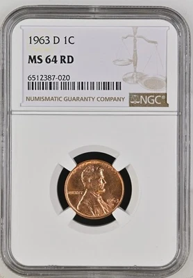1963-D 1C Red Lincoln Cent, Type 3 Memorial Reverse NGC Certified MS 64 RD - Image 1 of 2