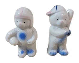 Sports Figurine Bear x 2 Porcelain China Football Basketball 3in 1950s Vintage - Picture 1 of 3