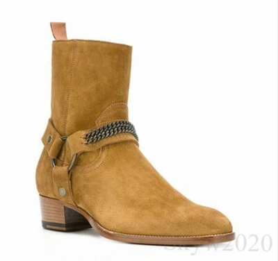 US11.5 11 Leather Suede Pointed Toe Mens Buckle Ankle Knight Boots Chelsea Shoes - Image 1 of 4