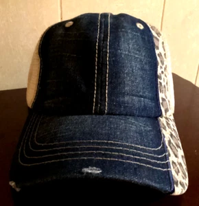 WOMEN'S CAP - Dark Blue Canvas/Lt Tan Mesh Distressed Leopard Trim - Adjustable - Picture 1 of 4