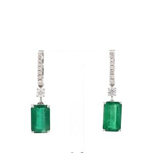 Pave Diamond 14k White Gold Huggies Emerald Gemstone Dangle Earrings Jewelry