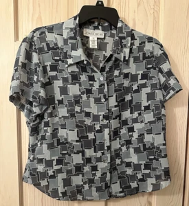 Vintage 80s 90s Jones Wear New York Button Up Geometric Blouse Top Gray NWT COOL - Picture 1 of 12