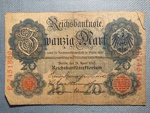 Billete antiguo Reichsbank billete veinte 20 marcos Berlín 21 de abril de 1910 E7451809 - Imagen 1 de 2