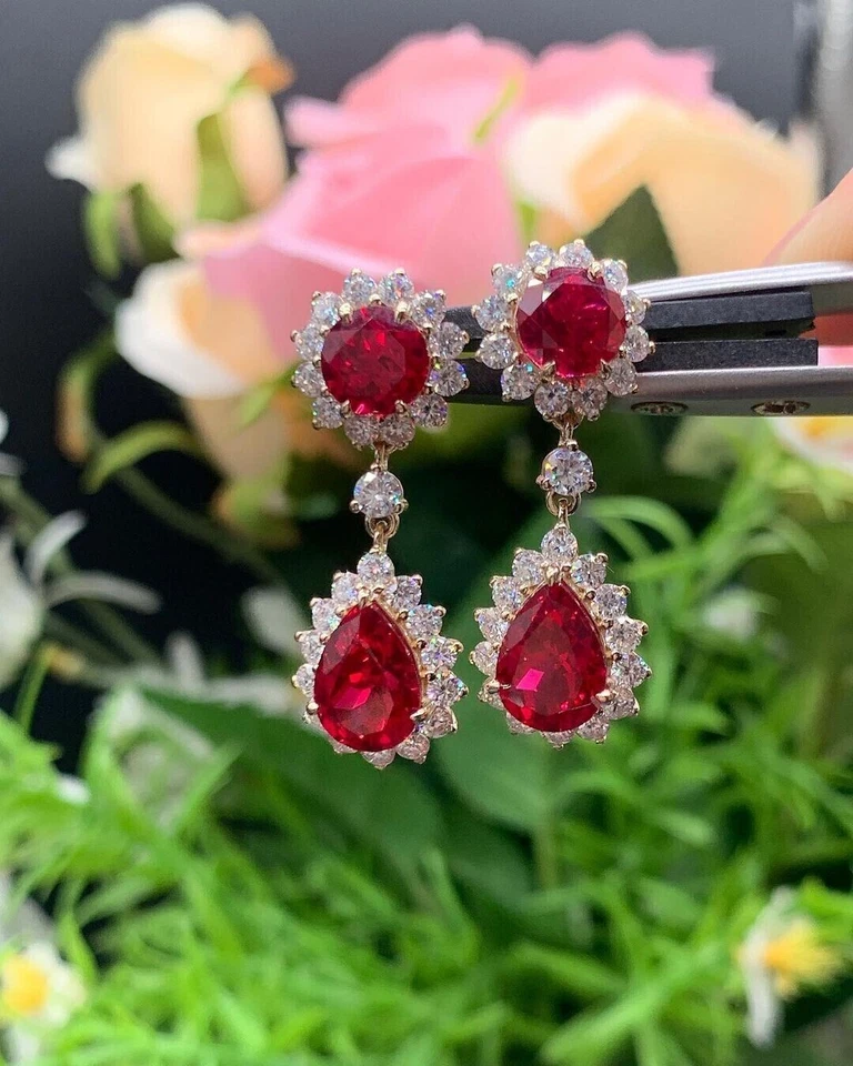Round & Pear Cut 4.54 Ct Natural Ruby & Diamond Earring 14K Yellow Gold Stud - Image 1 of 1