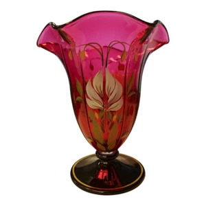 Fenton Cranberry Splendor Vase 49/1750 Connoisseur Collection HandPainted Signed - Picture 1 of 7