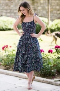 J.Crew Cotton Poplin Midi Sun Dress 00 Tie Strap Navy Dot Print F1960 Pocket XXS - Picture 1 of 9