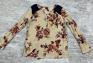 Lee Top Womens Medium Multicolor Floral Long Roll Tab Sleeves Henley - Picture 1 of 15