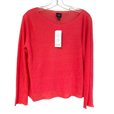 Eileen Fisher Bateau Neck Basic Linen Top Women's Medium Petite Sunkis Sheer - Image 1 of 4