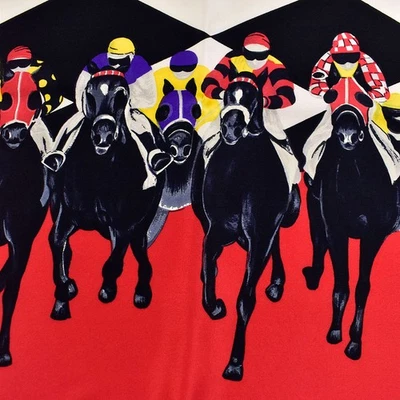 Bufanda de Seda ESCADA Margaretha Ley De Colección - Icónica Estampado de Carreras de Caballos 100% Seda Bufanda Foto 1 de 4