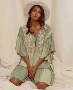 NWT Raga Green Tunic Dress Ruffle Paisley Bohemian Medium Anthropologie V53 - Picture 1 of 6