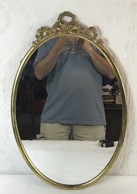 СТАРИННЫЙ ВИНТАЖНЫЙ МЕТАЛЛИЧЕСКИЙ ОВАЛЬНЫЙ БАНТ ЗЕРКАЛО - Изображение 1 из 4