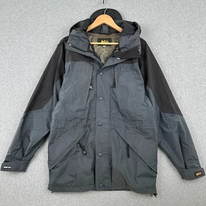 REI Jacket Gore-Tex Full Zip Hooded Mens Small Grey Black Rain Vented Hiking Ski - Picture 1 of 12