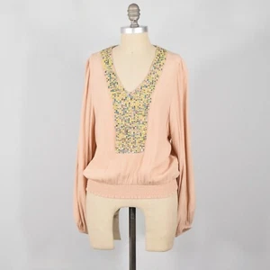 Maeve Blouse XS Salmon Pink V-Neck Sequin Poet Sleeve Smocked-Hem Boho Top - Picture 1 of 8