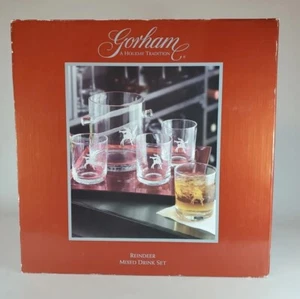 Gorham Reindeer 6 PC Mixed Drink Set 4 Crystal Glasses Ice Bucket & Red Tray New - Picture 1 of 7