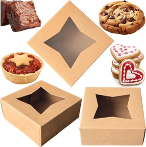 12 Pcs Brown Bakery Boxes with Window 6X6X2.5 Inches Cookie Boxes, Pastry, Treat - Picture 1 of 7