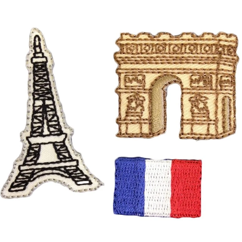 Iron On Motif Paris France Eiffel Tower Arc de Triomphe Flag embroidered patch - Image 1 of 1