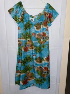 Size L Hilo Hattie Sleeveless Dress Muumuu Palm Trees Hut Boat Aqua Teal USA - Picture 1 of 10