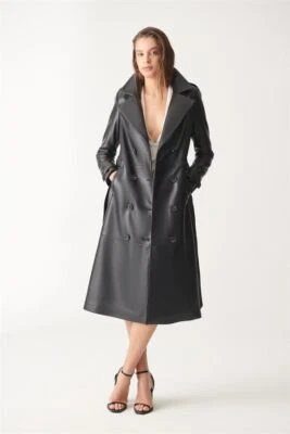 Women's Black Leather Trench Coat 100% Real Lambskin Double Breasted Long Coat - Image 1 of 4