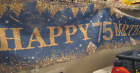 Happy 75th Birthday Banner Blue/Gold 8 ft X 18"