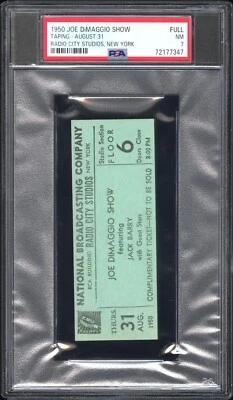 1950 JOE DIMAGGIO TV SHOW TAPING 8/31 WORLD PREMIERE TICKET🎟️PHIL RIZZUTO PSA 7 - Image 1 of 4